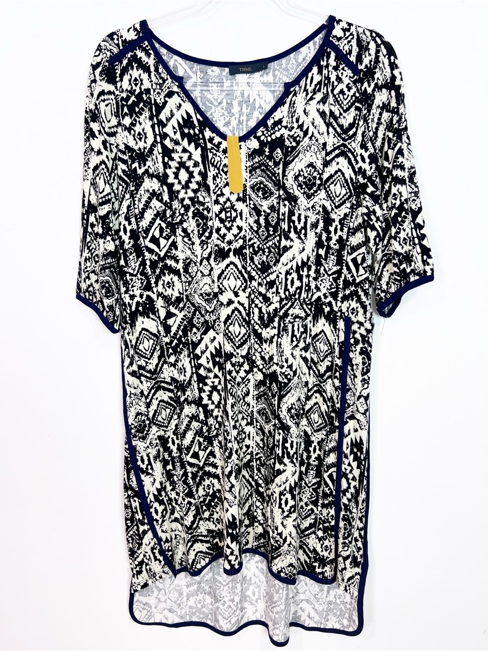 THML OFF-WHITE NAVY PATTERN SHIFT DRESS WOMENS LARGE - Picture 5 of 5